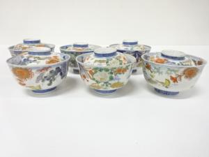 古伊万里　色絵　染付　蓋物碗　6客